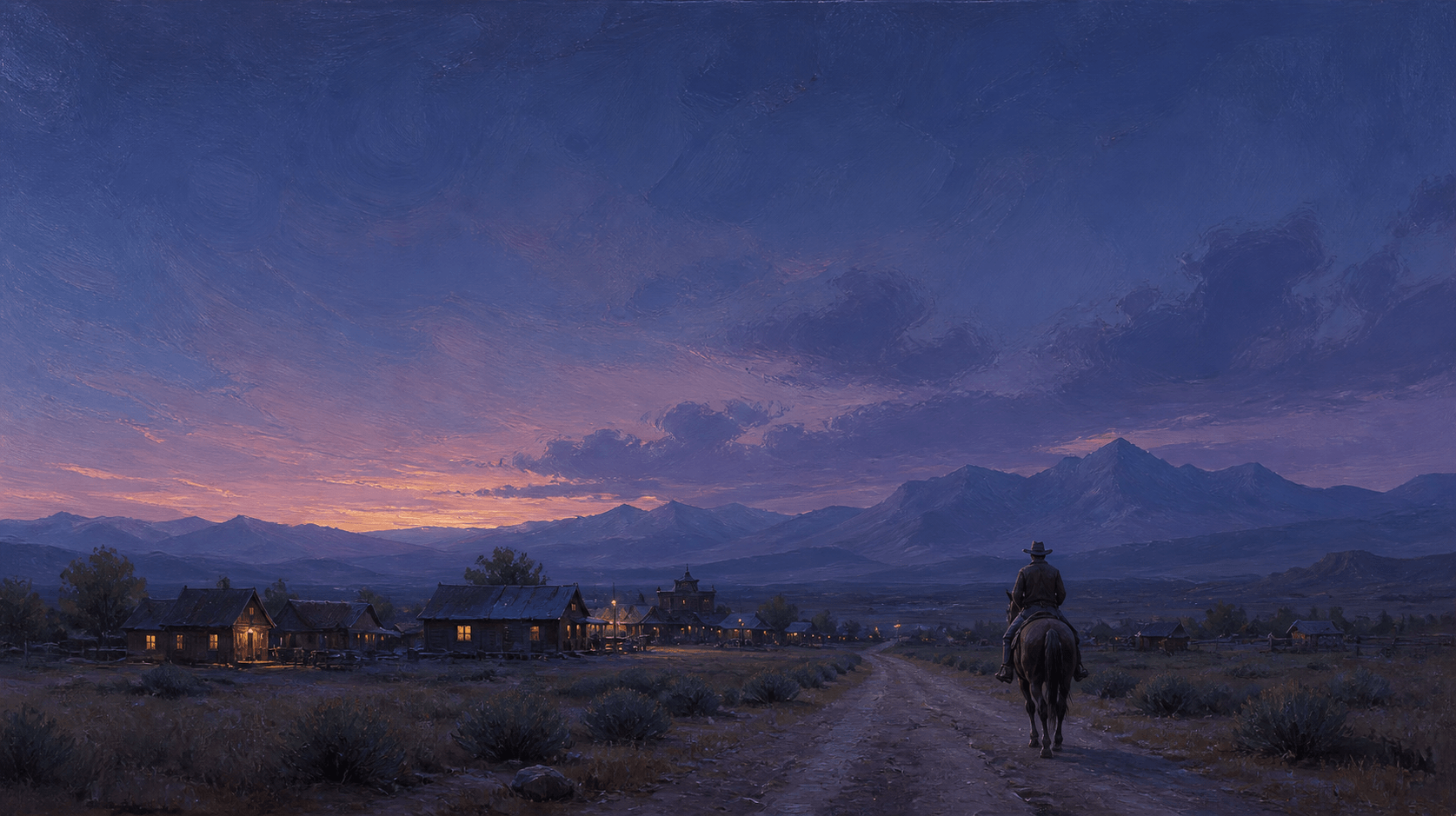 Pintura de um cavaleiro seguindo por uma estrada ao anoitecer