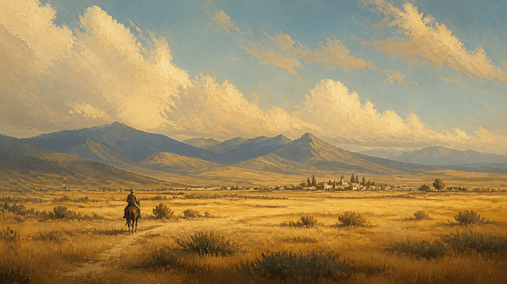 Pintura de um cavaleiro atravessando um campo em direção a uma pequena cidade